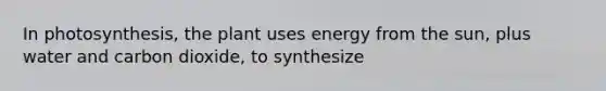 ​In photosynthesis, the plant uses energy from the sun, plus water and carbon dioxide, to synthesize