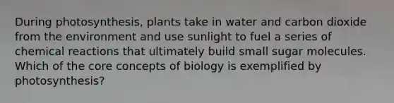 During photosynthesis, plants take in water and carbon dioxide from the environment and use sunlight to fuel a series of chemical reactions that ultimately build small sugar molecules. Which of the core concepts of biology is exemplified by photosynthesis?