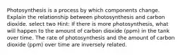 Photosynthesis is a process by which components change. Explain the relationship between photosynthesis and carbon dioxide. select two Hint: If there is more photosynthesis, what will happen to the amount of carbon dioxide (ppm) in the tank over time. The rate of photosynthesis and the amount of carbon dioxide (ppm) over time are inversely related.