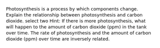 Photosynthesis is a process by which components change. Explain the relationship between photosynthesis and carbon dioxide. select two Hint: If there is more photosynthesis, what will happen to the amount of carbon dioxide (ppm) in the tank over time. The rate of photosynthesis and the amount of carbon dioxide (ppm) over time are inversely related.