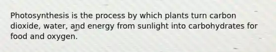 Photosynthesis is the process by which plants turn carbon dioxide, water, and energy from sunlight into carbohydrates for food and oxygen.