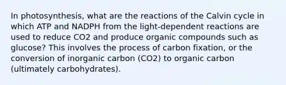 In photosynthesis, what are the reactions of the Calvin cycle in which ATP and NADPH from the light-dependent reactions are used to reduce CO2 and produce organic compounds such as glucose? This involves the process of carbon fixation, or the conversion of inorganic carbon (CO2) to organic carbon (ultimately carbohydrates).