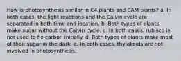 How is photosynthesis similar in C4 plants and CAM plants? a. In both cases, the light reactions and the Calvin cycle are separated in both time and location. b. Both types of plants make sugar without the Calvin cycle. c. In both cases, rubisco is not used to fix carbon initially. d. Both types of plants make most of their sugar in the dark. e. In both cases, thylakoids are not involved in photosynthesis.