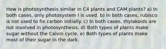 How is photosynthesis similar in C4 plants and CAM plants? a) In both cases, only photosystem I is used. b) In both cases, rubisco is not used to fix carbon initially. c) In both cases, thylakoids are not involved in photosynthesis. d) Both types of plants make sugar without the Calvin cycle. e) Both types of plants make most of their sugar in the dark.