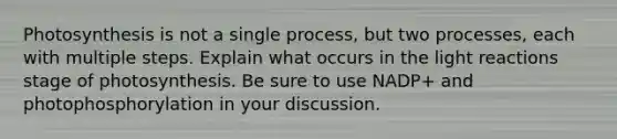 Photosynthesis is not a single process, but two processes, each with multiple steps. Explain what occurs in the light reactions stage of photosynthesis. Be sure to use NADP+ and photophosphorylation in your discussion.