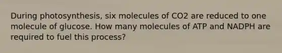 During photosynthesis, six molecules of CO2 are reduced to one molecule of glucose. How many molecules of ATP and NADPH are required to fuel this process?