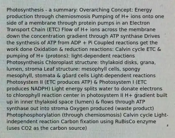 Photosynthesis - a summary: Overarching Concept: <a href='https://www.questionai.com/knowledge/k3xoUYcii1-energy-production' class='anchor-knowledge'>energy production</a> through chemiosmosis Pumping of H+ ions onto one side of a membrane through protein pumps in an Electron Transport Chain (ETC) Flow of H+ ions across the membrane down the concentration gradient through ATP synthase Drives the synthesis of ATP from ADP + Pi Coupled reactions get the work done Oxidation & reduction reactions: Calvin cycle ETC & pumping of H+ (protons): light-dependent reactions Photosynthesis Chloroplast structure: thylakoid disks, grana, lumen, stroma Leaf structure: mesophyll cells, spongy mesophyll, stomata & guard cells Light-dependent reactions Photosystem II (ETC produces ATP) & Photosystem I (ETC produces NADPH) Light energy splits water to donate electrons to chlorophyll reaction center in photosystem II H+ gradient built up in inner thylakoid space (lumen) & flows through ATP synthase out into stroma Oxygen produced (waste product) Photophosphorylation (through chemiosmosis) Calvin cycle Light-independent reaction Carbon fixation using RuBisCo enzyme (uses CO2 as the carbon source)