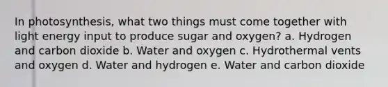 In photosynthesis, what two things must come together with light energy input to produce sugar and oxygen? a. Hydrogen and carbon dioxide b. Water and oxygen c. Hydrothermal vents and oxygen d. Water and hydrogen e. Water and carbon dioxide