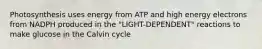 Photosynthesis uses energy from ATP and high energy electrons from NADPH produced in the "LIGHT-DEPENDENT" reactions to make glucose in the Calvin cycle