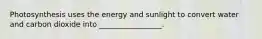 Photosynthesis uses the energy and sunlight to convert water and carbon dioxide into _________________.