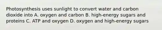 Photosynthesis uses sunlight to convert water and carbon dioxide into A. oxygen and carbon B. high-energy sugars and proteins C. ATP and oxygen D. oxygen and high-energy sugars