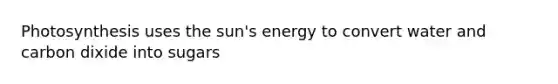 Photosynthesis uses the sun's energy to convert water and carbon dixide into sugars