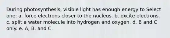 During photosynthesis, visible light has enough energy to Select one: a. force electrons closer to the nucleus. b. excite electrons. c. split a water molecule into hydrogen and oxygen. d. B and C only. e. A, B, and C.