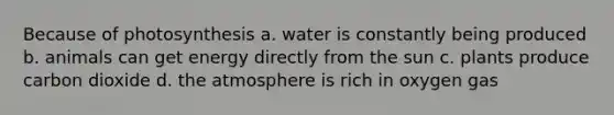 Because of photosynthesis a. water is constantly being produced b. animals can get energy directly from the sun c. plants produce carbon dioxide d. the atmosphere is rich in oxygen gas