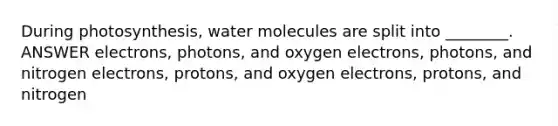 During photosynthesis, water molecules are split into ________. ANSWER electrons, photons, and oxygen electrons, photons, and nitrogen electrons, protons, and oxygen electrons, protons, and nitrogen