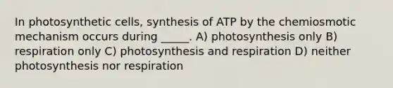 In photosynthetic cells, synthesis of ATP by the chemiosmotic mechanism occurs during _____. A) photosynthesis only B) respiration only C) photosynthesis and respiration D) neither photosynthesis nor respiration