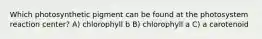 Which photosynthetic pigment can be found at the photosystem reaction center? A) chlorophyll b B) chlorophyll a C) a carotenoid