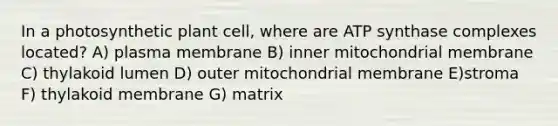 In a photosynthetic plant cell, where are ATP synthase complexes located? A) plasma membrane B) inner mitochondrial membrane C) thylakoid lumen D) outer mitochondrial membrane E)stroma F) thylakoid membrane G) matrix