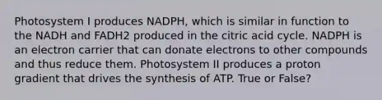 Photosystem I produces NADPH, which is similar in function to the NADH and FADH2 produced in the citric acid cycle. NADPH is an electron carrier that can donate electrons to other compounds and thus reduce them. Photosystem II produces a proton gradient that drives the synthesis of ATP. True or False?