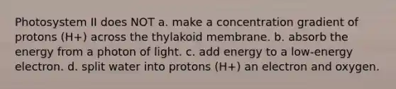 Photosystem II does NOT a. make a concentration gradient of protons (H+) across the thylakoid membrane. b. absorb the energy from a photon of light. c. add energy to a low-energy electron. d. split water into protons (H+) an electron and oxygen.