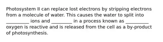 Photosystem II can replace lost electrons by stripping electrons from a molecule of water. This causes the water to split into __________ ions and _________ in a process known as __________ oxygen is reactive and is released from the cell as a by-product of photosynthesis.