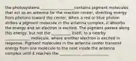 the photosystems _________ ________contains pigment molecules that act as an antenna for the reaction center, directing energy from photons toward the center. When a red or blue photon strikes a pigment molecule in the antenna complex, it absorbs the energy and an electron is excited. The pigment passes along this energy, but not the __________ itself, to a nearby _____________ molecule, where another electron is excited in response. Pigment molecules in the antenna center transmit energy from one molecule to the next inside the antenna complex until it reaches the ___________ ______________