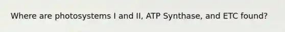 Where are photosystems I and II, ATP Synthase, and ETC found?