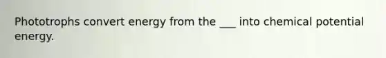 Phototrophs convert energy from the ___ into chemical potential energy.