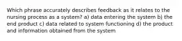 Which phrase accurately describes feedback as it relates to the nursing process as a system? a) data entering the system b) the end product c) data related to system functioning d) the product and information obtained from the system