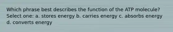 Which phrase best describes the function of the ATP molecule? Select one: a. stores energy b. carries energy c. absorbs energy d. converts energy