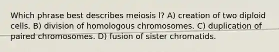 Which phrase best describes meiosis l? A) creation of two diploid cells. B) division of homologous chromosomes. C) duplication of paired chromosomes. D) fusion of sister chromatids.