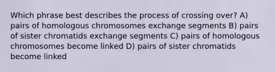 Which phrase best describes the process of crossing over? A) pairs of homologous chromosomes exchange segments B) pairs of sister chromatids exchange segments C) pairs of homologous chromosomes become linked D) pairs of sister chromatids become linked