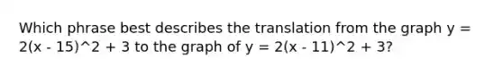 Which phrase best describes the translation from the graph y = 2(x - 15)^2 + 3 to the graph of y = 2(x - 11)^2 + 3?