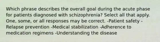 Which phrase describes the overall goal during the acute phase for patients diagnosed with schizophrenia? Select all that apply. One, some, or all responses may be correct. -Patient safety -Relapse prevention -Medical stabilization -Adherence to medication regimens -Understanding the disease