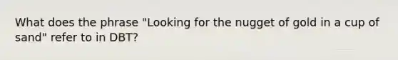 What does the phrase "Looking for the nugget of gold in a cup of sand" refer to in DBT?