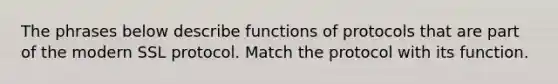 The phrases below describe functions of protocols that are part of the modern SSL protocol. Match the protocol with its function.