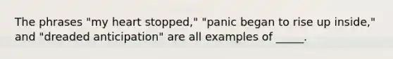 The phrases "my heart stopped," "panic began to rise up inside," and "dreaded anticipation" are all examples of _____.