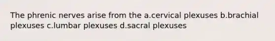 The phrenic nerves arise from the a.cervical plexuses b.brachial plexuses c.lumbar plexuses d.sacral plexuses