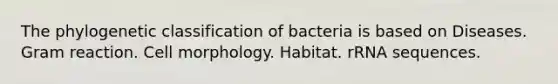 The phylogenetic classification of bacteria is based on Diseases. Gram reaction. Cell morphology. Habitat. rRNA sequences.