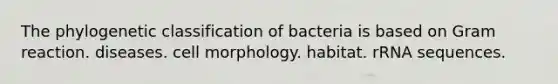 The phylogenetic classification of bacteria is based on Gram reaction. diseases. cell morphology. habitat. rRNA sequences.