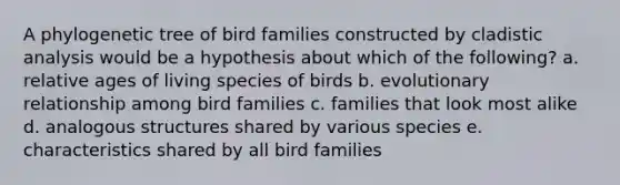 A phylogenetic tree of bird families constructed by cladistic analysis would be a hypothesis about which of the following? a. relative ages of living species of birds b. evolutionary relationship among bird families c. families that look most alike d. analogous structures shared by various species e. characteristics shared by all bird families