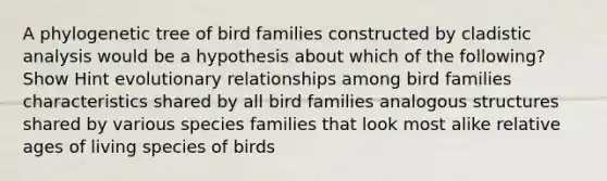 A phylogenetic tree of bird families constructed by cladistic analysis would be a hypothesis about which of the following? Show Hint evolutionary relationships among bird families characteristics shared by all bird families analogous structures shared by various species families that look most alike relative ages of living species of birds