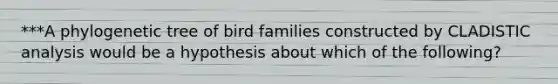 ***A phylogenetic tree of bird families constructed by CLADISTIC analysis would be a hypothesis about which of the following?