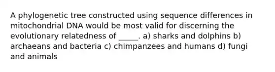 A phylogenetic tree constructed using sequence differences in mitochondrial DNA would be most valid for discerning the evolutionary relatedness of _____. a) sharks and dolphins b) archaeans and bacteria c) chimpanzees and humans d) fungi and animals