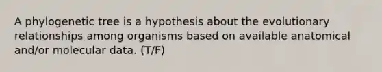 A phylogenetic tree is a hypothesis about the evolutionary relationships among organisms based on available anatomical and/or molecular data. (T/F)