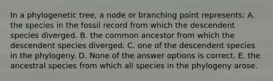 In a phylogenetic tree, a node or branching point represents: A. the species in the fossil record from which the descendent species diverged. B. the common ancestor from which the descendent species diverged. C. one of the descendent species in the phylogeny. D. None of the answer options is correct. E. the ancestral species from which all species in the phylogeny arose.