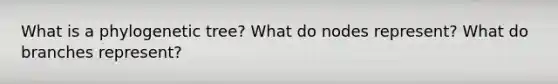 What is a phylogenetic tree? What do nodes represent? What do branches represent?
