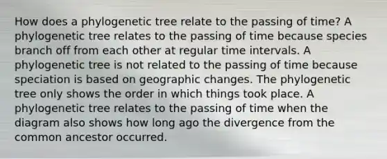 How does a phylogenetic tree relate to the passing of time? A phylogenetic tree relates to the passing of time because species branch off from each other at regular time intervals. A phylogenetic tree is not related to the passing of time because speciation is based on geographic changes. The phylogenetic tree only shows the order in which things took place. A phylogenetic tree relates to the passing of time when the diagram also shows how long ago the divergence from the common ancestor occurred.