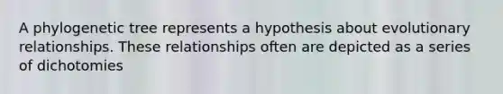 A phylogenetic tree represents a hypothesis about evolutionary relationships. These relationships often are depicted as a series of dichotomies