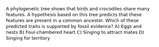 A phylogenetic tree shows that birds and crocodiles share many features. A hypothesis based on this tree predicts that these features are present in a common ancestor. Which of these predicted traits is supported by fossil evidence? A) Eggs and nests B) Four-chambered heart C) Singing to attract mates D) Singing for territory